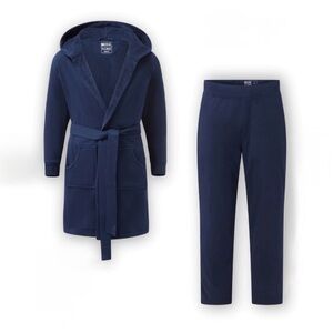 Blue Hooded Robe & Lounge Pants Set by